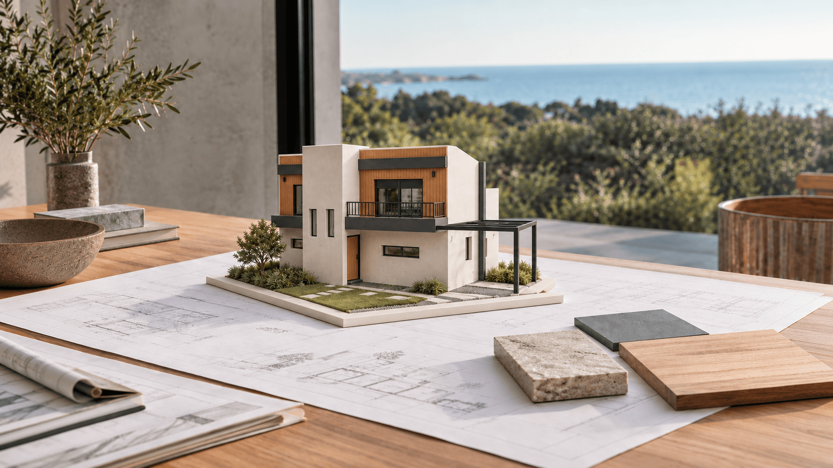 Maqueta de una casa sobre planos, con muestras de piedra y madera, frente a una ventana con vista al mar