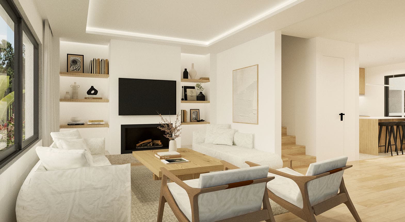 Rendering of the living and dining area with wood-burning fireplace at Barra de Carrasco II
