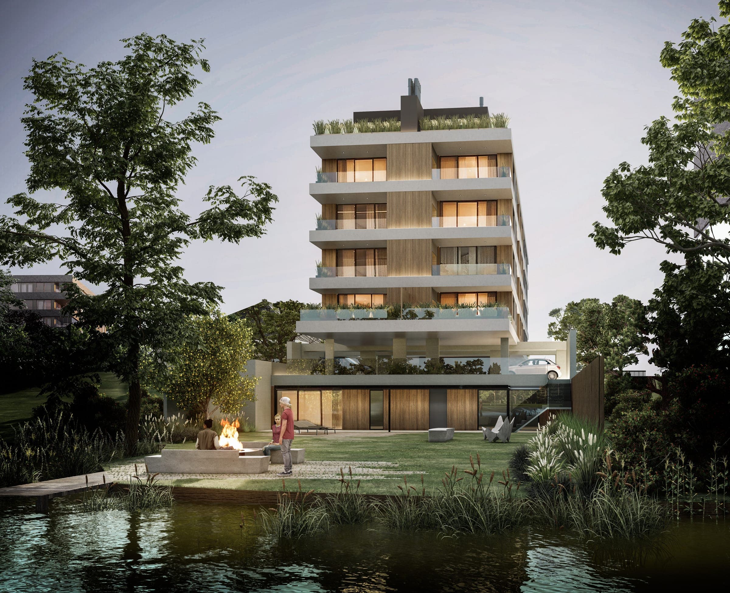 Render del contrafrente del edificio Dom Lagos, en Parque Miramar